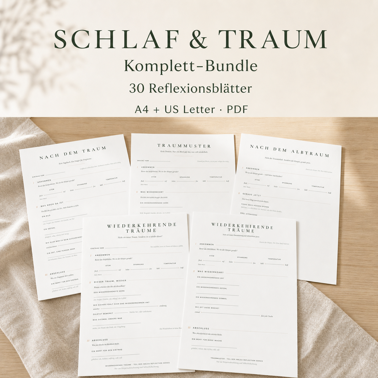 Schlaf & Traum Komplett-Bundle mit mehreren abgebildeten Reflexionsblättern