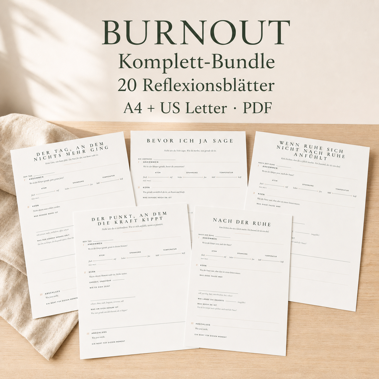 Burnout Komplett-Bundle mit mehreren abgebildeten Reflexionsblättern