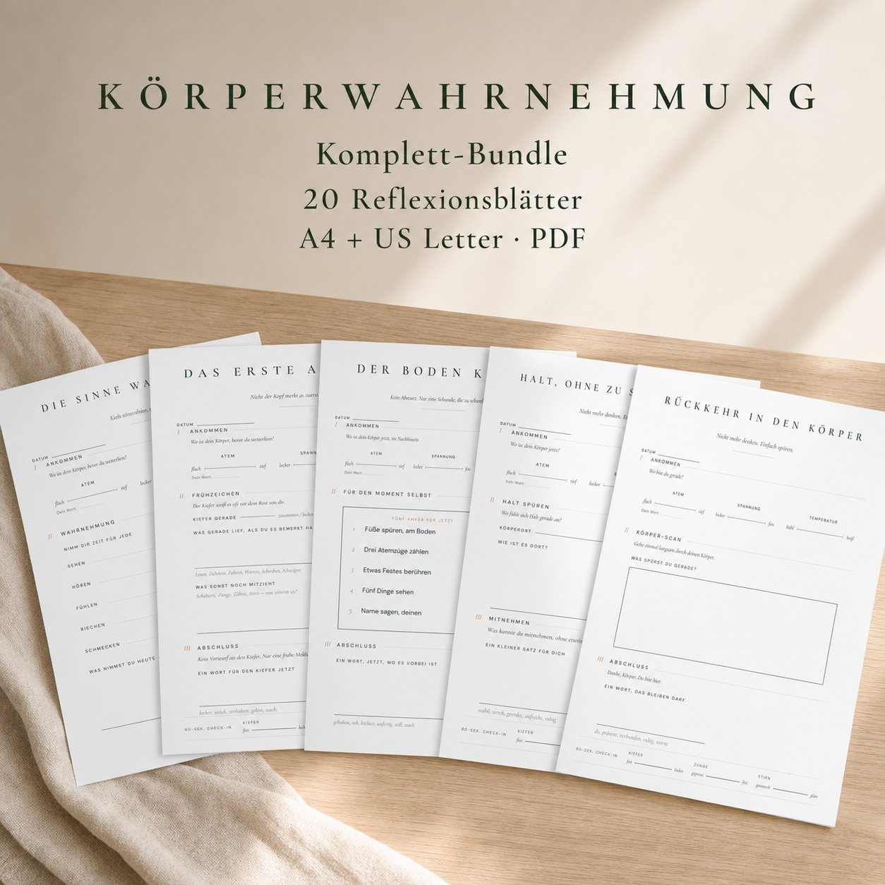 Körperwahrnehmung Komplett-Bundle mit mehreren abgebildeten Reflexionsblättern
